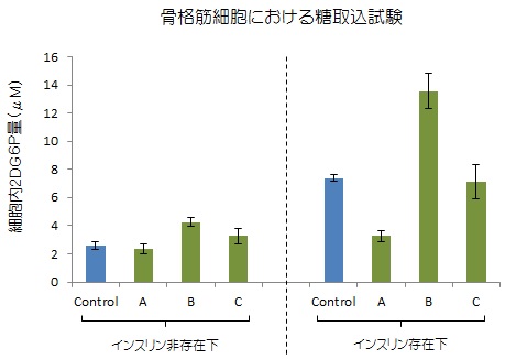 骨格筋細胞における糖取込試験のグラフ(細胞内2DG6P量測定)